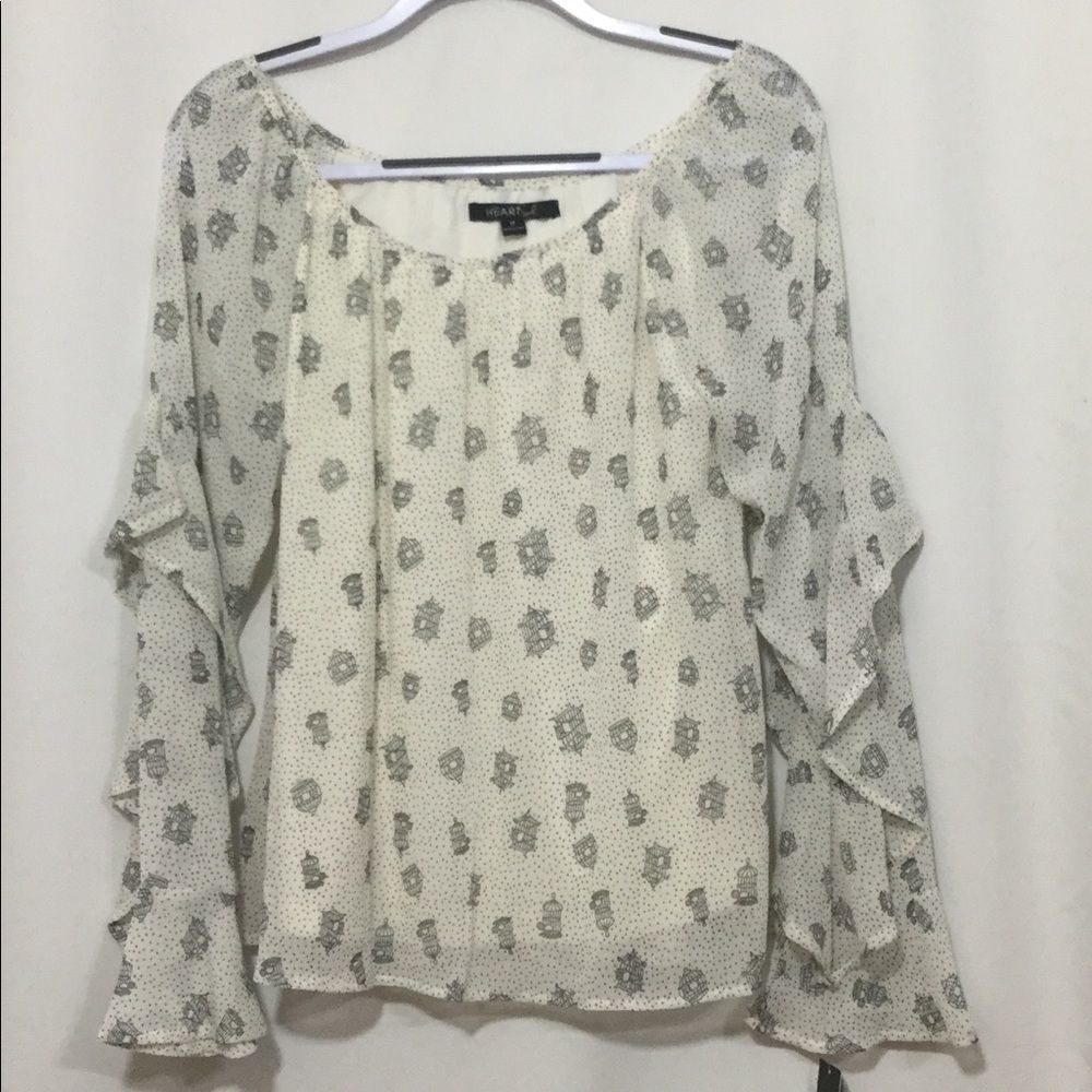 Heart & Soul Ruffle Sleeve “ Birdcage” Print Top
